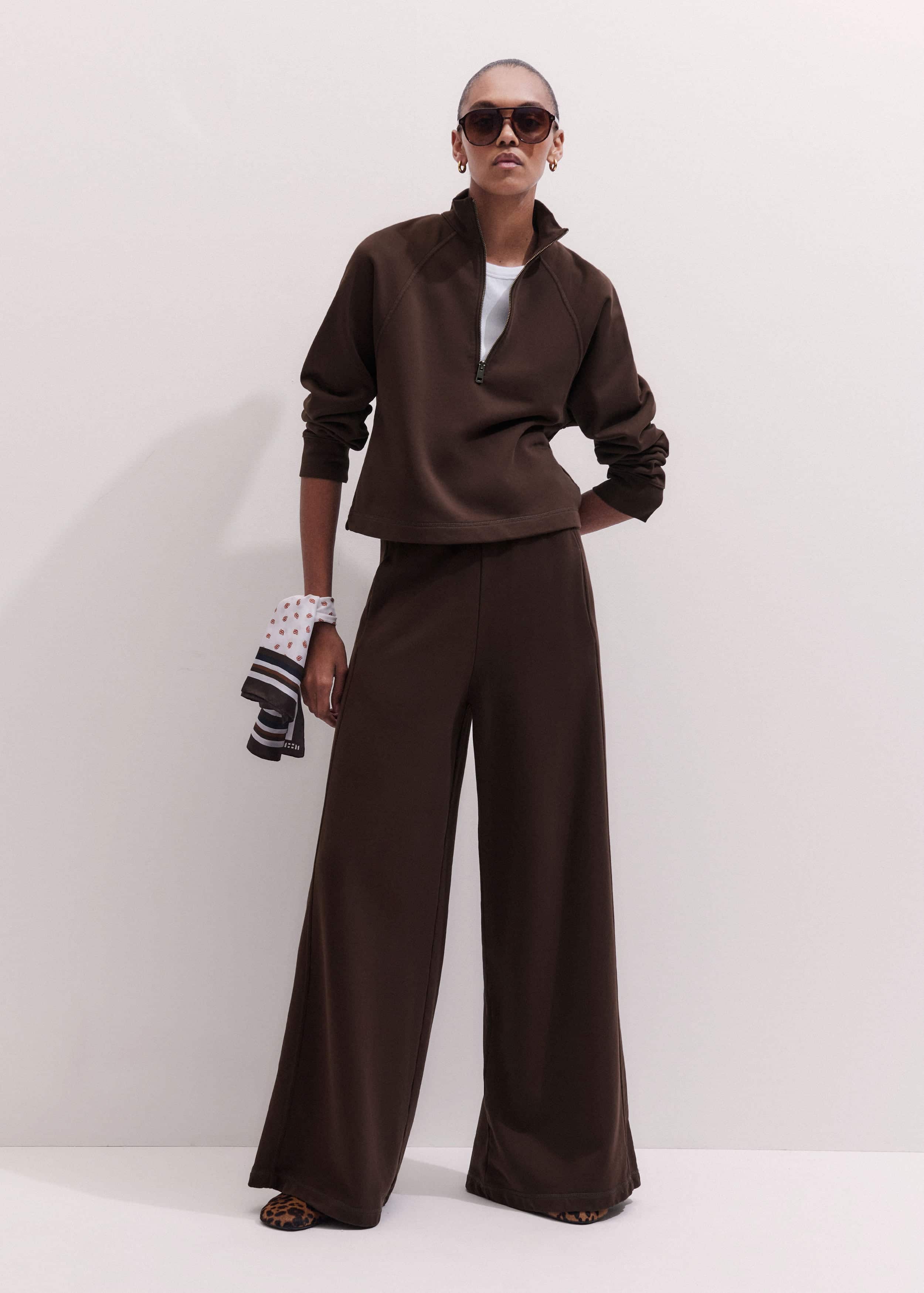 Brown High Zip Neck Crop Top + Wide-Leg Track Pant Co-ord