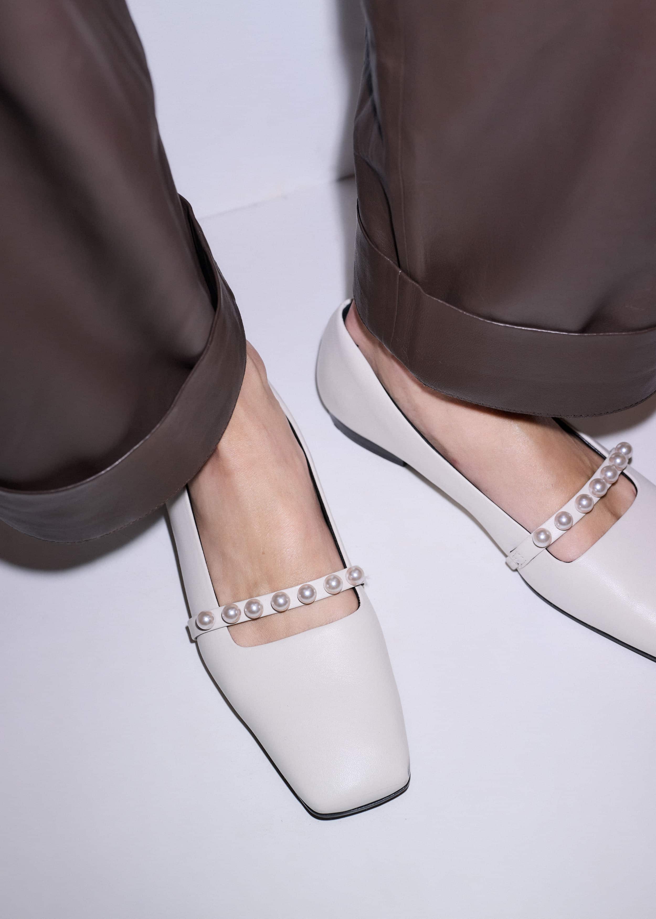 Off White Faux Pearl Square Toe Ballerina Flat