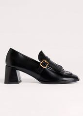 Black Fringe Block Heel Loafer