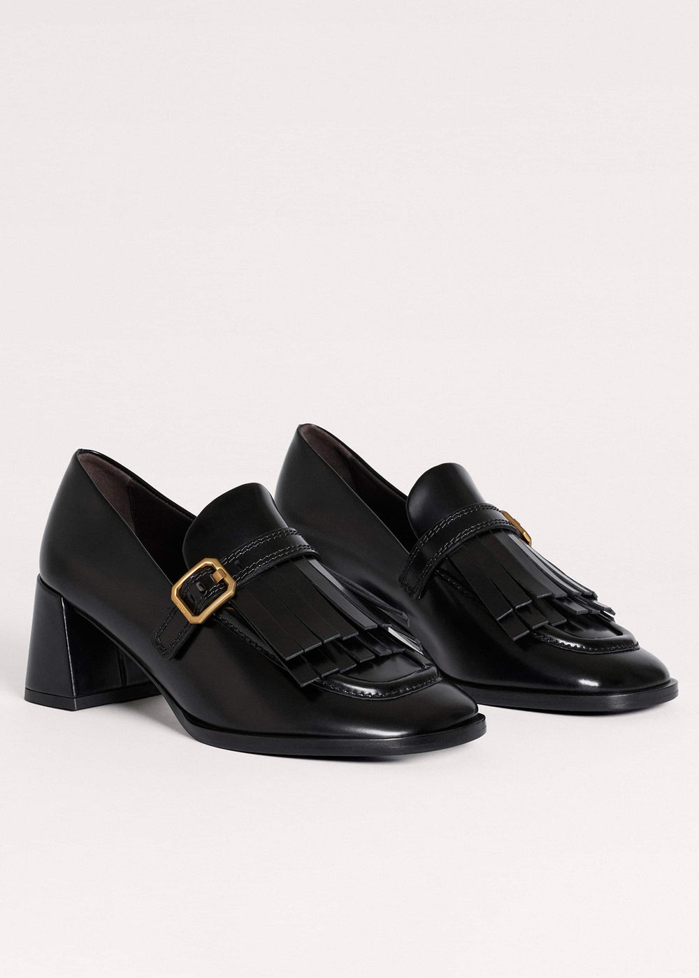 Black Fringe Block Heel Loafer