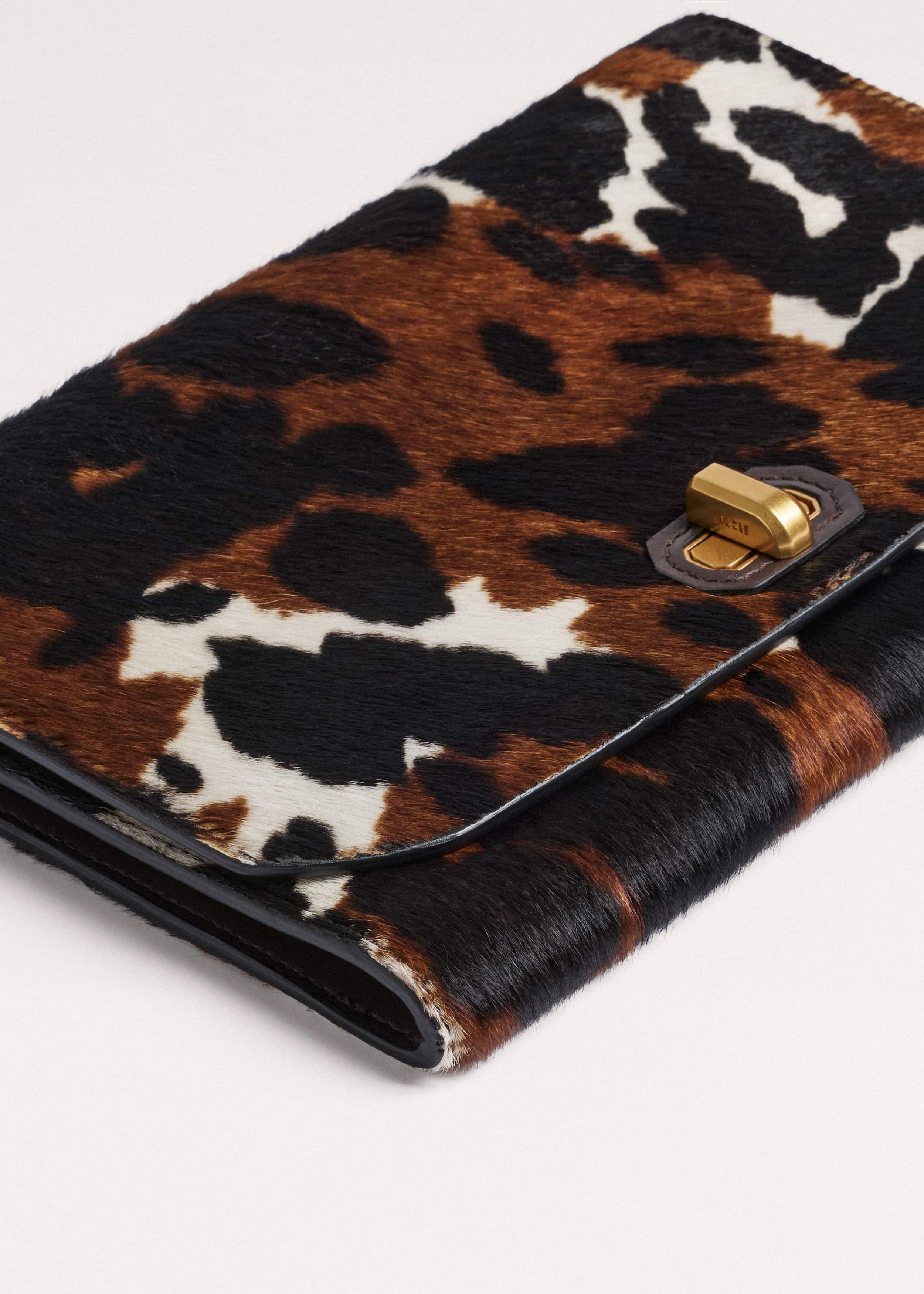 Brown Leather Cow Print Envelope Clutch Bag