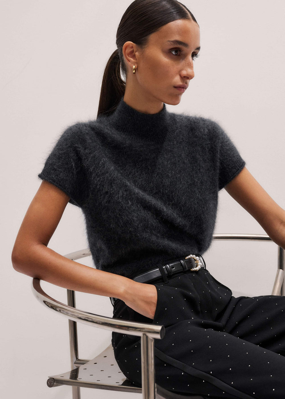 Black Faux Pearl Buckle Belt